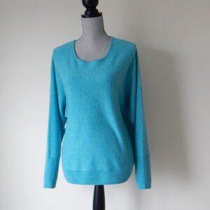 TAHARI Luxe100% 2- PLY CASHMERE Sweater Wholecut Sleeve Round Neck Turquoise NWT